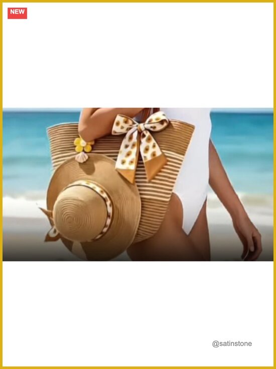 Straw Wide Brim Sun Hat & Woven Bag Set with Clip